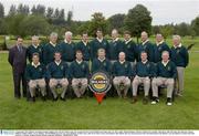 11 September 2003; Bulmers marketing manager Stephen Kent with the Thurles team, who reached the Pierce Purcell Shield semi finals, back row, left to right, Michael Holohan, Michael Craddock, Pat Fennelly, John Dwan, John McGrath, Sean Sherlock, Vincent OÕBrien, Mathew Maher, Trevor Maloney, and PJ OÕSullivan, front row, Chris Delahunt, Neville Curley, John Nevin, Matt Cronin, Pat Stakelum, John Malone and Tony Kirby.pictured at the All-Ireland finals of the Bulmers Cup and Shields in Lisburn Golf Club, Lisburn, Co Antrim, Northern Ireland. Picture credit; Ray McManus / SPORTSFILE *EDI*