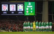 13 October 2018; Republic of Ireland team observe a minutes silence prior to the UEFA Nations League B group four match between Republic of Ireland and Denmark at the Aviva Stadium in Dublin. Photo by Harry Murphy/Sportsfile