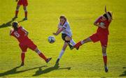 14 October 2018; Kate Slevin of Galway takes a shot at goal under pressure from Mia Dodd,  left,  and Kerri Duffy of Shelbourne during the Continental Tyres Women's Under 17 National League Final match between Galway Women's and Shelbourne Ladies at Drom, Galway. Photo by Harry Murphy/Sportsfile