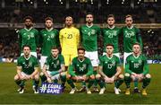 16 October 2018; The Republic of Ireland team, back row, from left to right, Cyrus Christie, Matt Doherty, Darren Randolph, Shane Duffy, Kevin Long and Richard Keogh. Front row, from left to right, Harry Arter, James McClean, Callum Robinson, Jeff Hendrick and Aiden O'Brien prior to the UEFA Nations League B group four match between Republic of Ireland and Wales at the Aviva Stadium in Dublin. Photo by Stephen McCarthy/Sportsfile