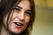 19 October 2018; Katie Taylor speaks to media after weighing in at the Boston Harbour Hotel ahead of her WBA & IBF World Lightweight title defence, against Cindy Serrano, on Saturday night at the TD Garden in Boston, Massachusetts, USA. Photo by Stephen McCarthy/Sportsfile