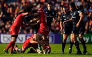 21 October 2018; James Lowe of Leinster is tackled by Sébastien Bézy and Cheslin Kolbe of Toulouse during the Heineken Champions Cup Pool 1 Round 2 match between Toulouse and Leinster at Stade Ernest Wallon, in Toulouse, France. Photo by Brendan Moran/Sportsfile