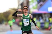 28 October 2018; David Mansfield celebrates as he crosses the line to win the European Police Championships category of the 2018 SSE Airtricity Dublin Marathon. 20,000 runners took to the Fitzwilliam Square start line to participate in the 39th running of the SSE Airtricity Dublin Marathon, making it the fifth largest marathon in Europe. Photo by Ramsey Cardy/Sportsfile