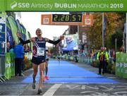 28 October 2018; Eric Zimmerman of France celebrates as he crosses the line during the 2018 SSE Airtricity Dublin Marathon. 20,000 runners took to the Fitzwilliam Square start line to participate in the 39th running of the SSE Airtricity Dublin Marathon, making it the fifth largest marathon in Europe. Photo by Eóin Noonan/Sportsfile