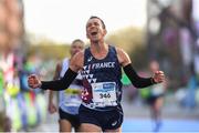 28 October 2018; Eric Zimmerman of France celebrates as he crosses the line during the 2018 SSE Airtricity Dublin Marathon. 20,000 runners took to the Fitzwilliam Square start line to participate in the 39th running of the SSE Airtricity Dublin Marathon, making it the fifth largest marathon in Europe. Photo by Ramsey Cardy/Sportsfile