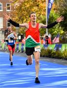 28 October 2018; David Conway of Westport A.C., Co. Mayo, celebrates crossing the finish line in the 2018 SSE Airtricity Dublin Marathon. 20,000 runners took to the Fitzwilliam Square start line to participate in the 39th running of the SSE Airtricity Dublin Marathon, making it the fifth largest marathon in Europe. Photo by Ramsey Cardy/Sportsfile