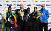 28 October 2018; On the podium following the women’s race at the 2018 SSE Airtricity Dublin Marathon are, from left, second placed Motu Gedefa of Ethiopia, Lord Mayor of Dublin Nial Ring, first placed Mesera Dubiso of Ethiopia, Lizzie Lee of Leevale A.C., Co. Cork, and race director Jim Aughney. 20,000 runners took to the Fitzwilliam Square start line today to participate in the 39th running of the SSE Airtricity Dublin Marathon, making it the fifth largest marathon in Europe. Photo by Ramsey Cardy/Sportsfile