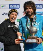 28 October 2018; National Women’s Champion, Lizzie Lee of Leevale AC, Co. Cork, and Athletics Ireland National Champion, Mick Clohisey of Raheny Shamrock A.C., Co. Dublin following the 2018 SSE Airtricity Dublin Marathon. 20,000 runners took to the Fitzwilliam Square start line to participate in the 39th running of the SSE Airtricity Dublin Marathon, making it the fifth largest marathon in Europe. Photo by Ramsey Cardy/Sportsfile