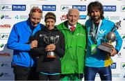 28 October 2018; National Women’s Champion, Lizzie Lee of Leevale AC, Co. Cork, and Athletics Ireland National Champion, Mick Clohisey of Raheny Shamrock A.C., Co. Dublin, with race director Jim Aughney and Harry Gorman following the 2018 SSE Airtricity Dublin Marathon. 20,000 runners took to the Fitzwilliam Square start line to participate in the 39th running of the SSE Airtricity Dublin Marathon, making it the fifth largest marathon in Europe. Photo by Ramsey Cardy/Sportsfile