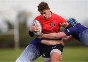 31 October 2018; Dylan Lynch of North East Area is tackled by John Ascough, right, and Ronan Patterson of Metropolitan Area during the U18s 2nd Round Shane Horgan Cup match between North East Area and Metropolitan Area at Ashbourne RFC in Ashbourne, Co Meath. Photo by Piaras Ó Mídheach/Sportsfile
