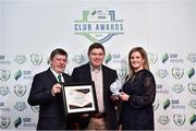 8 November 2018; FAI President Donal Conway and Leanne Sheill, Marketing Manager – Sponsorship and Reward with SSE Airtricity presents the Supporters Contribution Award to Tony Burke from Waterford FC during the SSE Airtricity League Club Awards at Clayton Hotel in Ballsbridge, Dublin.     Photo by Matt Browne/Sportsfile