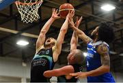 10 November 2018; Paul Dick of Garvey's Tralee Warriors, supported by team mate Kieran Donaghy, centre, in action against Mike Daid of Belfast Star during the Basketball Ireland Men's Superleague match between Garvey's Tralee Warriors and Belfast Star at Tralee Sports Complex in Tralee, Co Kerry. Photo by Piaras Ó Mídheach/Sportsfile