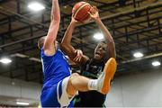 10 November 2018; Jordan Evans of Garvey's Tralee Warriors in action against Conor Johnston of Belfast Star during the Basketball Ireland Men's Superleague match between Garvey's Tralee Warriors and Belfast Star at Tralee Sports Complex in Tralee, Co Kerry. Photo by Piaras Ó Mídheach/Sportsfile