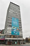 17 November 2018; A 10m x 20m banner has been unveiled at Liberty Hall, Dublin, to mark the city’s hosting of the UEFA EURO 2020 Qualifying Draw at the Convention Centre on Sunday, December 2nd 2018. To celebrate the Qualifying Draw, Dublin City Council and the FAI will hold three ‘Street Legends’ community football events at Little Britain Street (Wednesday, November 28th), Mountjoy Square South (Thursday, November 29th) and Commons Street(Saturday, December 1st). The hosting of the Qualifying Draw will also coincide with the launch of the National Football Exhibition, which will open to the public on Sunday, December 2nd 2018. The Exhibition will be home to a number of elements with historical significance to Irish football. Four tournament games will be hosted at Dublin’s Aviva Stadium during UEFA EURO 2020, the largest sporting event to ever be hosted in the country. Photo by Matt Browne/Sportsfile