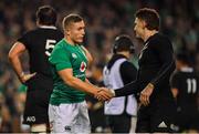 17 November 2018; Jordan Larmour of Ireland shakes hands with Beauden Barrett of New Zealand after the Guinness Series International match between Ireland and New Zealand at the Aviva Stadium in Dublin. Photo by Brendan Moran/Sportsfile