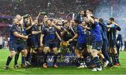 12 May 2018; The Leinster team celebrate with the cup after the European Rugby Champions Cup Final match between Leinster and Racing 92 at the San Mames Stadium in Bilbao, Spain. This image may be reproduced free of charge when used in conjunction with a review of the book &quot;Double Delight&quot;. All other usage © SPORTSFILE.