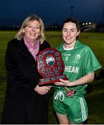 24 November 2018; LGFA President Marie Hickey presents the shield to Leinster captain Lyndsey Davey following the Ladies Gaelic Annual Interprovincials at WIT Sports Campus, in Waterford. Photo by David Fitzgerald/Sportsfile