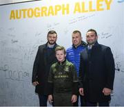 23 November 2018; Daniel Hall, aged 10, from Rathmines, Co. Dublin, poses for a photo with Robbie Henshaw, Seán O'Brien and Dave Kearney of Leinster in Autograph Alley at the Guinness PRO14 Round 9 match between Leinster and Ospreys at the RDS Arena in Dublin. Photo by Harry Murphy/Sportsfile