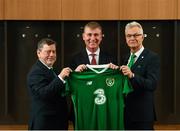 26 November 2018; Newly appointed Republic of Ireland U21 manager Stephen Kenny, centre, with FAI President Donal Conway, left, and FAI High Performace Director Ruud Dokter ahead of a press conference at Aviva Stadium in Dublin. Photo by Stephen McCarthy/Sportsfile