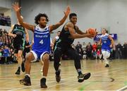 10 November 2018; Jordan Evans of Garvey's Tralee Warriors in action against Mike Daid of Belfast Star during the Basketball Ireland Men's Superleague match between Garvey's Tralee Warriors and Belfast Star at Tralee Sports Complex in Tralee, Co Kerry. Photo by Piaras Ó Mídheach/Sportsfile