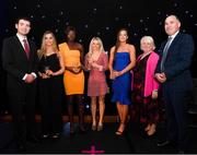 29 November 2018; Team of the Year Award winners, Women's 4x100m Relay Team, Lauren Roy, Rhasidat Adeleke, Molly Scott and Ciara Neville are presented with their awards by, from left, Minister Brendan Griffin, Georgina Drumm, President of Athletics Ireland & Jim Dowdall, Managing Director at Irish Life Health, during the Irish Life Health National Athletics Awards 2018 at the Crowne Plaza Hotel in Blanchardstown, Dublin. Photo by Eóin Noonan/Sportsfile