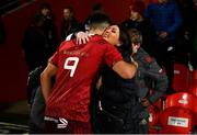 30 November 2018; Conor Murray of Munster is greeted by Olive Foley, wife of the late Anthony Foley, after the Guinness PRO14 Round 10 match between Munster and Edinburgh at Irish Independent Park in Cork. Photo by Diarmuid Greene/Sportsfile