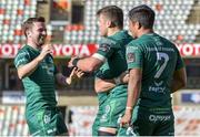 1 December 2018; Tom Farrell of Connacht, centre, celebrates with teammates after scoring his side's first try during the Guinness PRO14 Round 10 match between Toyota Cheetahs and Connacht at Toyota Stadium in Bloemfontein, South Africa. Photo by Frikkie Kapp/Sportsfile