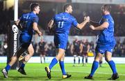 1 December 2018; Dave Kearney, 11, of Leinster celebrates with team-mates Conor O'Brien, left, and Ed Byrne after scoring his side's first try during the Guinness PRO14 Round 10 match between Dragons and Leinster at Rodney Parade in Newport, Wales. Photo by Ramsey Cardy/Sportsfile
