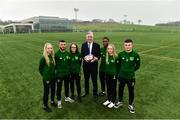 10 December 2018; John Delaney, CEO, Football Association of Ireland, with, from left, members of the FAI-ETB course Rebecca Ritchie, Michael Hearne, Clodagh Sutton, Daniel Olasunbo, Rachel Ritchie and Dylan Walsh in attendance during the Official opening of the FAI-ETB Waterford Centre at Waterford I.T. in Waterford. Photo by Matt Browne/Sportsfile