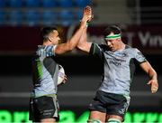 14 December 2018; Cian Kelleher of Connacht, left, is congratulated by team-mate Robin Copeland after scoring their side's fifth try during the Heineken Champions Cup Pool 3 Round 4 match between Perpignan and Connacht at the Stade Aime Giral in Perpignan, France. Photo by Brendan Moran/Sportsfile