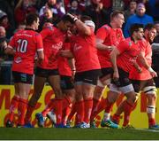 12 January 2019; Robert Baloucoune of Ulster is congratulated by team-mates after scoring his side's first try during the Heineken Champions Cup Pool 4 Round 5 match between Ulster and Racing 92 at the Kingspan Stadium in Belfast, Co. Antrim. Photo by David Fitzgerald/Sportsfile