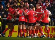 12 January 2019; Robert Baloucoune of Ulster is congratulated by team-mates after scoring his side's first try during the Heineken Champions Cup Pool 4 Round 5 match between Ulster and Racing 92 at the Kingspan Stadium in Belfast, Co. Antrim. Photo by David Fitzgerald/Sportsfile