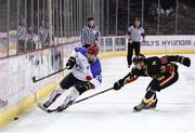 12 January 2019; Ivan Kiselev of Arlan Kokshetau in action against Nikita Yurchenko of HK Gomel during the IIHF Continental Cup Final match between Arlan Kokshetau and HK Gomel at the SSE Arena in Belfast, Co. Antrim. Photo by Eoin Smith/Sportsfile