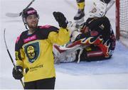 13 January 2019; Jesse Jyrkkio of GKS Katowice acknowledges supporters after scoring his side's fifth goal during the IIHF Continental Cup Final match between HK Gomel and GKS Katowice at the SSE Arena in Belfast, Co. Antrim. Photo by Eoin Smith/Sportsfile