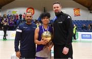 23 January 2019; Bryan Valenzuela of Le Chéile Tyrellstown is presented with his MVP award by Matthew Hall of Basketball Ireland, left, and Jason Killeen of Basketball Ireland after the Subway All-Ireland Schools Cup U16 C Boys Final match between Le Chéile Tyrellstown and Mount St Michael Rosscarbery at the National Basketball Arena in Tallaght, Dublin. Photo by Piaras Ó Mídheach/Sportsfile