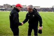 27 January 2019; Kerry manager Peter Keane welcomes Tyrone manager Mickey Harte to Killarney prior to the Allianz Football League Division 1 Round 1 match between Kerry and Tyrone at Fitzgerald Stadium in Killarney, Kerry. Photo by Stephen McCarthy/Sportsfile