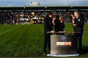 27 January 2019; TG4 presenter Micheál Ó Domhnaill, left, with analysts Valerie Mulcahy and Coman Goggins during the Allianz Football League Division 1 Round 1 match between Monaghan and Dublin at St Tiernach's Park in Clones, Co. Monaghan. Photo by Ramsey Cardy/Sportsfile