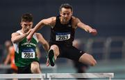 2 February 2019; Thomas Barr of Ferrybank AC, Co. Waterford, on his way to winning the 400m Hurdles event during the AAI Indoor Games at the National Indoor Arena in Abbotstown, Dublin. Photo by Sam Barnes/Sportsfile