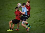 8 February 2019; Dan Carroll of St Michael's College is tackled by Adam Thomas, left, and Carl Byrne of CBC Monkstown during the Bank of Ireland Leinster Schools Junior Cup Round 1 match between St Michael's College and C.B.C. Monkstown at Energia Park in Dublin. Photo by David Fitzgerald/Sportsfile