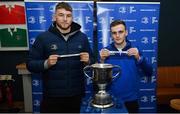 8 February 2019; Leinster players, Ross Molony, left, with the name of Terenure College and Nick McCarthy with the name of Blackrock College during the Bank of Ireland Leinster Schools Senior Cup Draw at Energia Park, Dublin. Photo by David Fitzgerald/Sportsfile