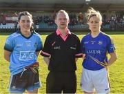 10 February 2019; Referee Garryowen McMahon with Dublin captain Lyndsey Davey and Tipperary captain Samantha Lambert before the Lidl Ladies NFL Round 2 match between Tipperary and Dublin at Ardfinnan in Tipperary. Photo by Matt Browne/Sportsfile