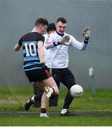 15 February 2019; Lyndon Brown of SRC scores his side's first goal past Mary I Thurles goalkeeper Diarmuid Quirke during the Electric Ireland HE GAA Corn Comhairle Ardoideachais Final match between Southern Regional College and Mary Immaculate College, Thurles, at Mallow GAA Sports Comlpex in Cork. Photo by Diarmuid Greene/Sportsfile