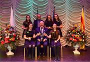 16 February 2019; Leinster team from Kilcormac-Killoughey, Offaly, Aoibhe Dooley, Verona Lynch, Aine Gleeson, Meibh Dooley and Naoise Dooley are presented with the trophy by Uachtaráin Cumann Lúthchleas Gael John Horan alongside Aodán Ó Braonáin, Cathaoirleach, after winning the Ceol Uirlise catagory during the Cream of The Crop at Scór na nÓg All Ireland Finals at St Gerards De La Salle Secondary School in Castlebar, Co Mayo. Photo by Eóin Noonan/Sportsfile