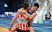 17 February 2019; Shane Aston of Trim AC, Co. Meath, left, is congratulated by Kourosh Foroughi of Star of the Sea AC, Co. Meath, whilst competing in the Men's High Jump event during day two of the Irish Life Health National Senior Indoor Athletics Championships at the National Indoor Arena in Abbotstown, Dublin. Photo by Sam Barnes/Sportsfile