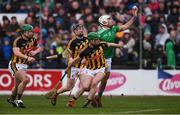 17 February 2019; Aaron Gillane of Limerick handpasses the ball, under pressure from Kilkenny players, from left, Paul Murphy, Enda Morrissey, and Tommy Walsh, to team-mate Shane Dowling, not pictured, before Dowling scored his side's first goal, during the Allianz Hurling League Division 1A Round 3 match between Kilkenny and Limerick at Nowlan Park in Kilkenny. Photo by Piaras Ó Mídheach/Sportsfile