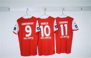 20 February 2019; A general view of St. Patrick's Athletic jerseys of Mikey Drennan, Brandon Miele, and James Doona at the St. Patrick's Athletic Squad Portraits at Ballyoulster United AFC, in Celbridge, Co. Kildare. Photo by Piaras Ó Mídheach/Sportsfile