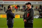 23 February 2019; Ulster Head Coach Dan McFarland, right, in conversation with Referee Mike Adamson before the Guinness PRO14 Round 16 match between Ulster and Zebre at the Kingspan Stadium in Belfast. Photo by Oliver McVeigh/Sportsfile