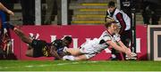 23 February 2019; Rob Lyttle of Ulster scoring his sides fourth try in the first half despite the tackle of Leonard Krumov of Zebre during the Guinness PRO14 Round 16 match between Ulster and Zebre at the Kingspan Stadium in Belfast. Photo by Oliver McVeigh/Sportsfile