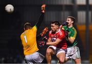 23 February 2019; Sean Powter of Cork scores his side's first goal of the game despite the efforts of Andrew Colgan, left, and Shane Gallagher of Meath during the Allianz Football League Division 2 Round 4 match between Cork and Meath at Páirc Ui Rinn in Cork. Photo by Eóin Noonan/Sportsfile