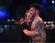 23 February 2019; James Gallagher celebrates with his mother Doreen following his Bantamweight bout with Steven Graham during Bellator 217 at the 3 Arena in Dublin. Photo by David Fitzgerald/Sportsfile